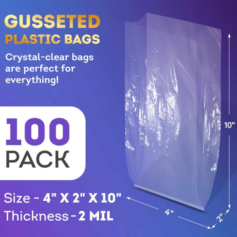 APQ Supply APQ Clear Gusseted Poly Bags, 4 x 2 x 10 Inches. Pack of 100 Waterproof Side Gusseted Plastic Bags with Open Top. 2 Mil Thick Flat Bottom Clear Bag for Packaging Popcorn, Cookies, Bread - Image 2